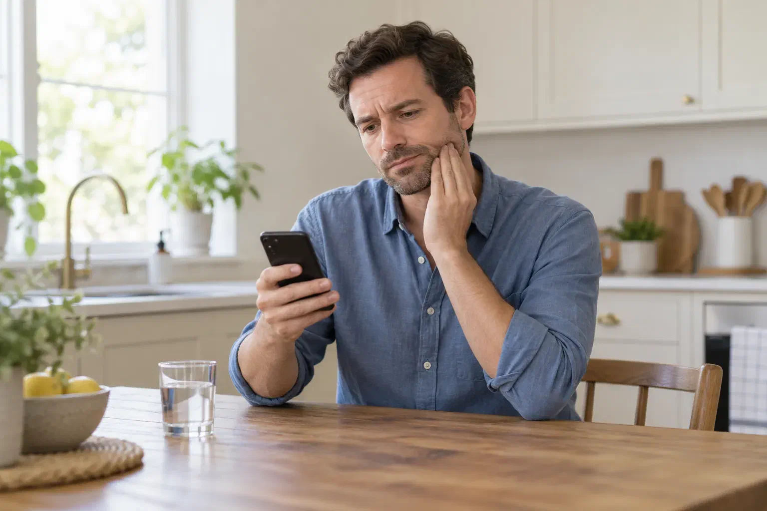 A man with jaw discomfort using his phone to arrange dental advice