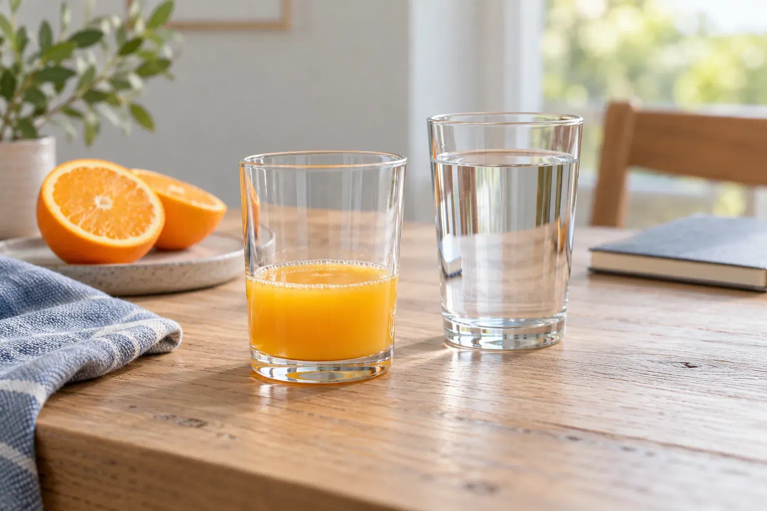 Orange juice and a glass of water on a naturally lit breakfast table