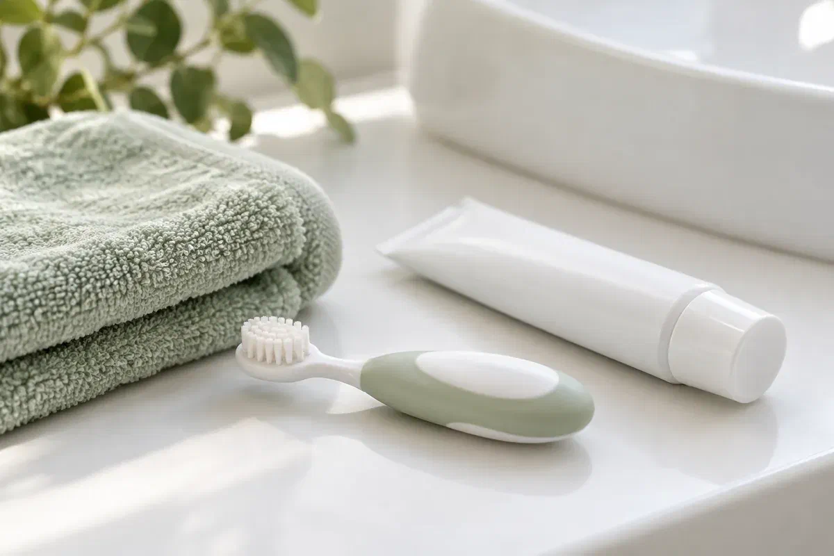 Illustrative baby toothbrush, soft washcloth, and plain toothpaste tube