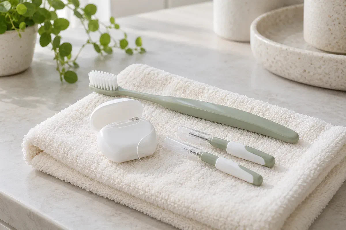 Illustrative soft toothbrush, interdental brushes, and floss container on a clean ivory towel