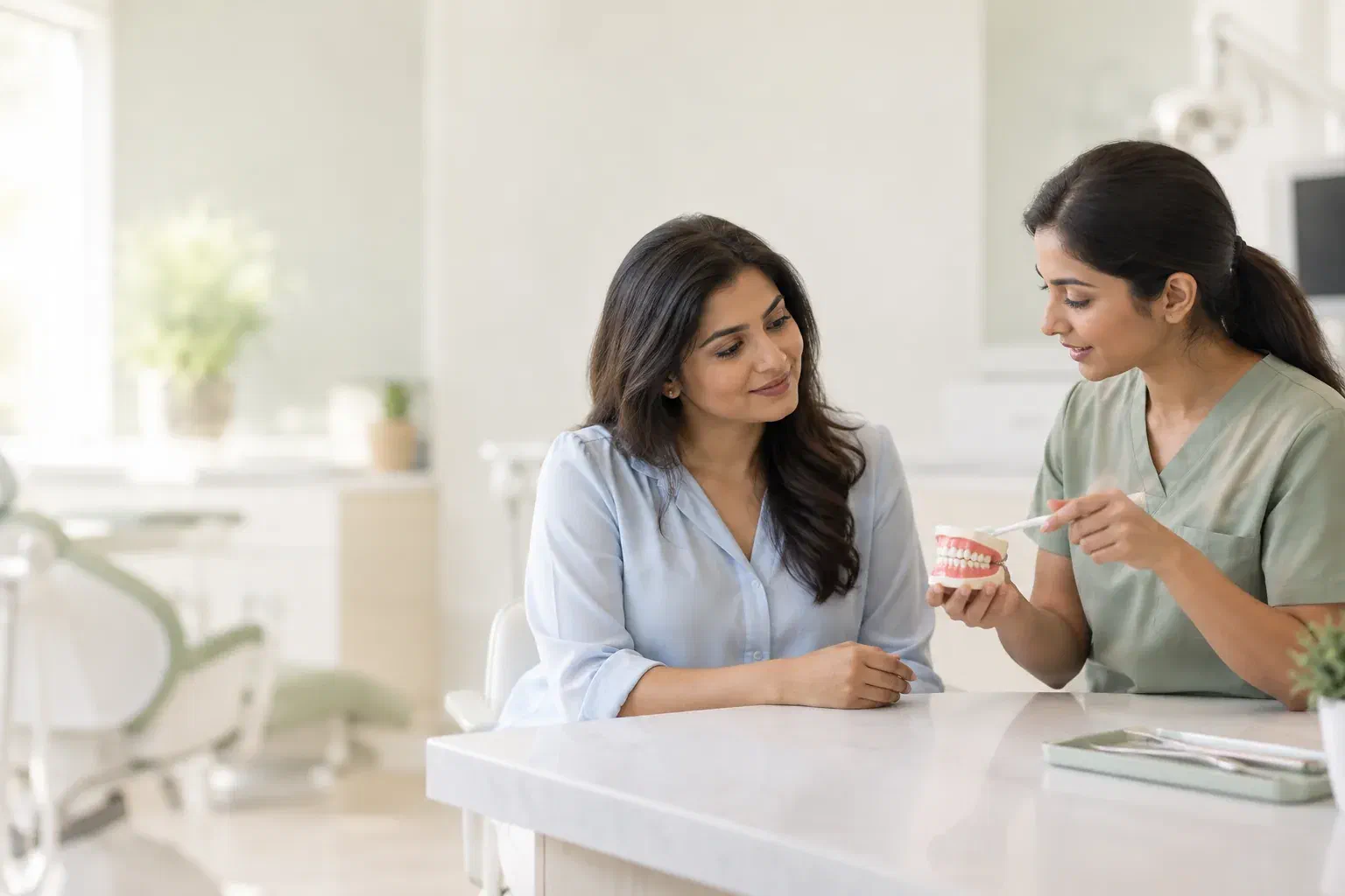 Illustrative patient and clinician discussing gentle brushing with a dental teaching model