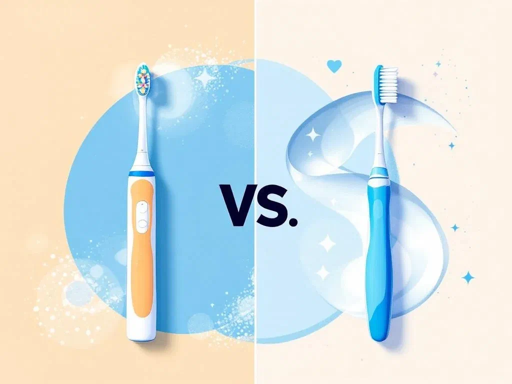 An electric toothbrush and a manual toothbrush shown side by side for comparison
