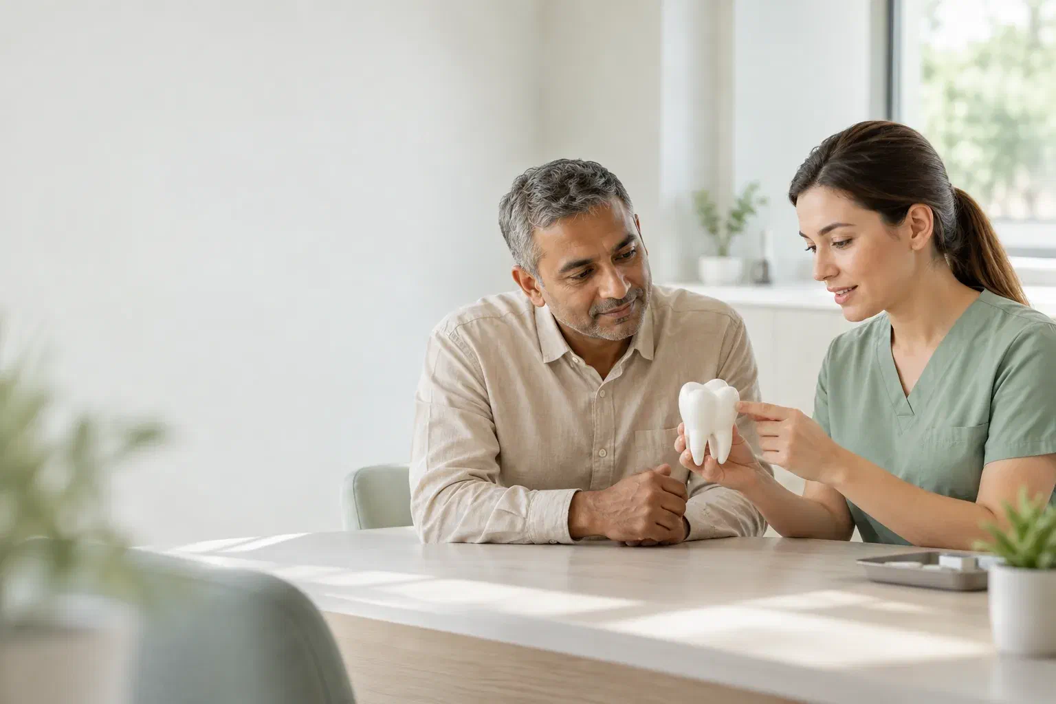 Illustrative clinician discussing tooth support with a patient using a physical teaching model