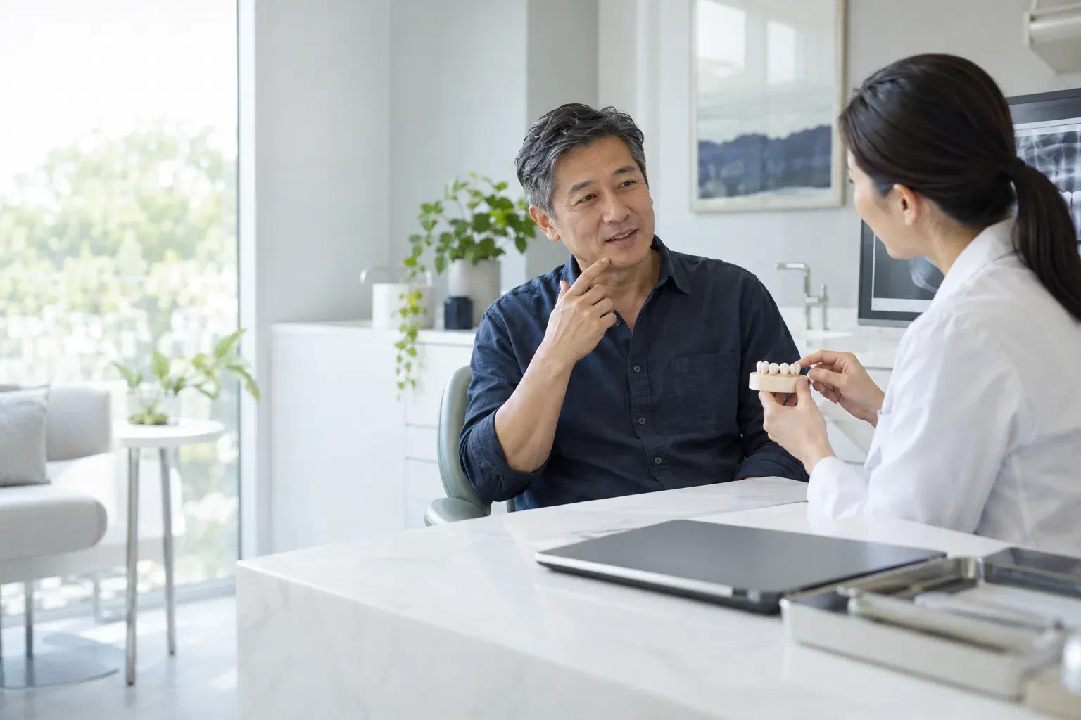 Illustrative dental consultation about a damaged bridge