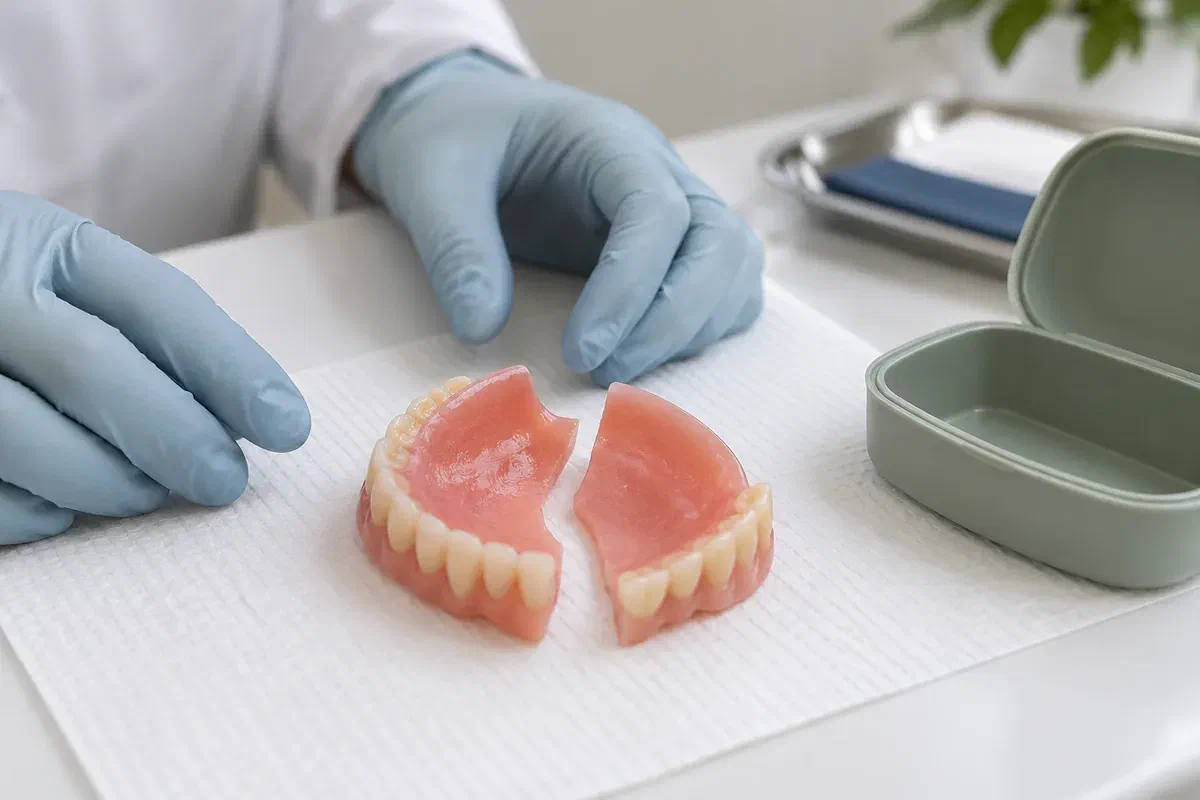A broken acrylic denture placed in matching pieces for professional assessment