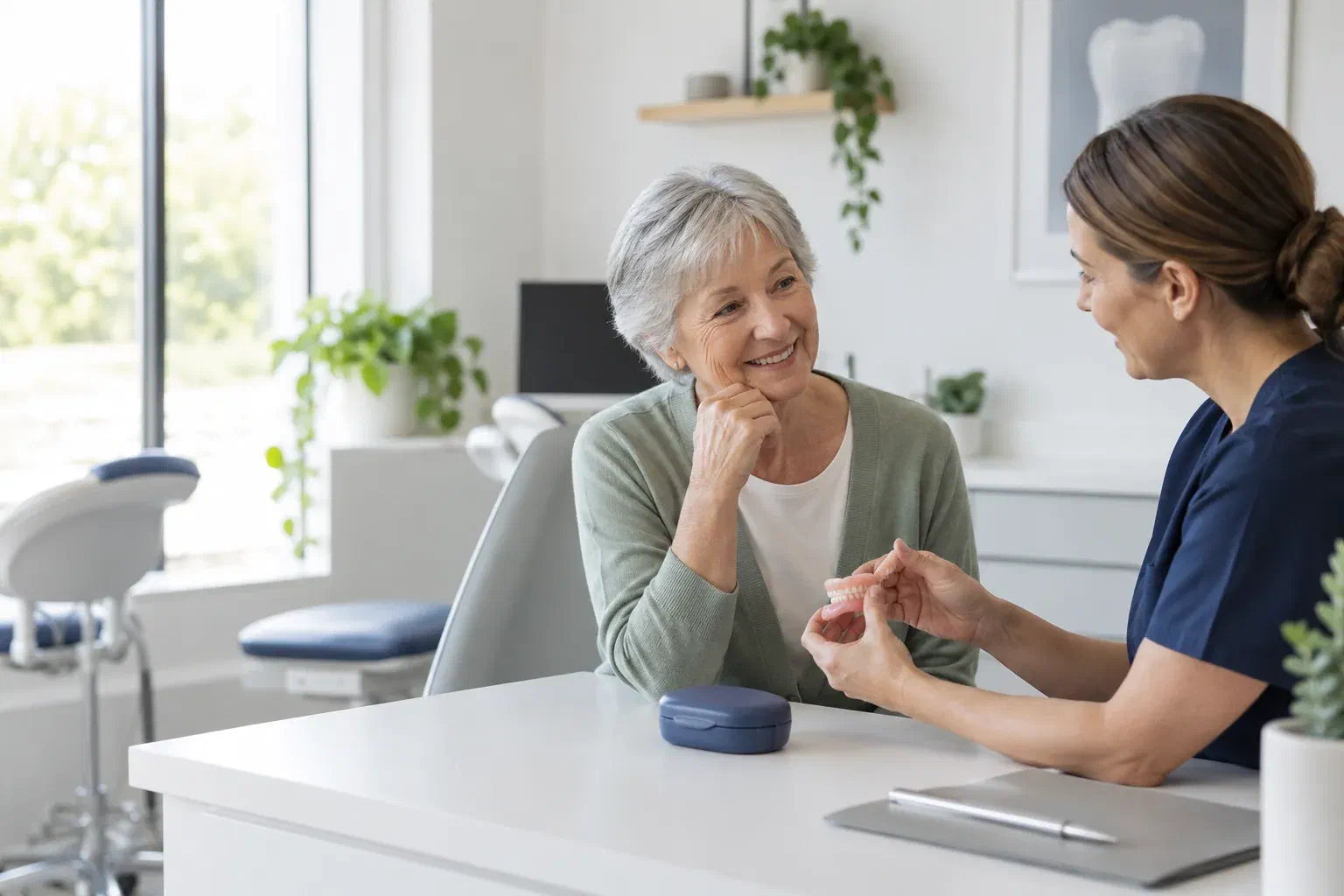 Illustrative consultation about restoring the use of a damaged denture