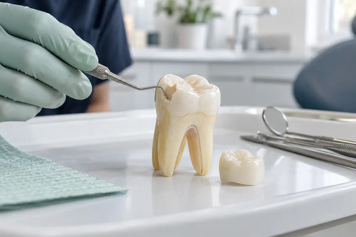An educational molar model with a broken cusp beside a ceramic crown