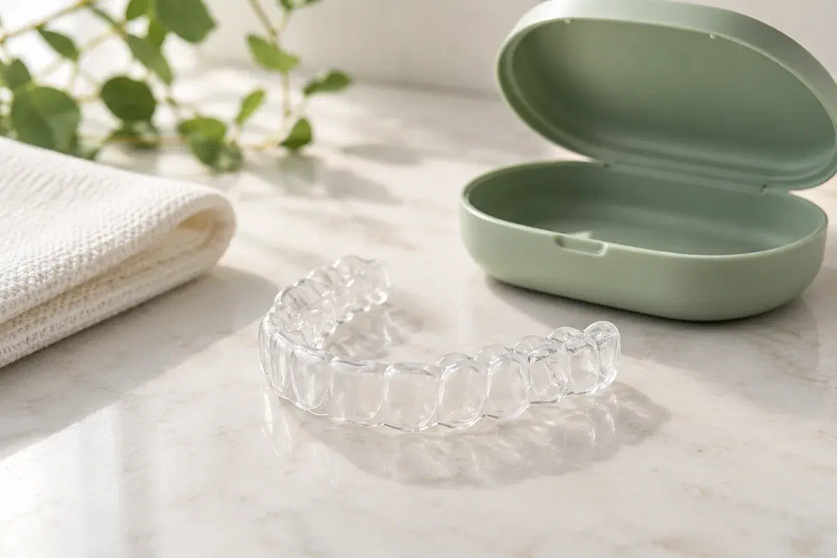 Illustrative clear dental nightguard beside an open pale sage case on a light stone surface