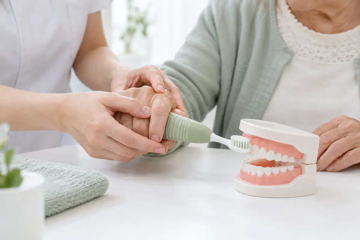 Illustrative practice with a larger toothbrush handle and a dental model