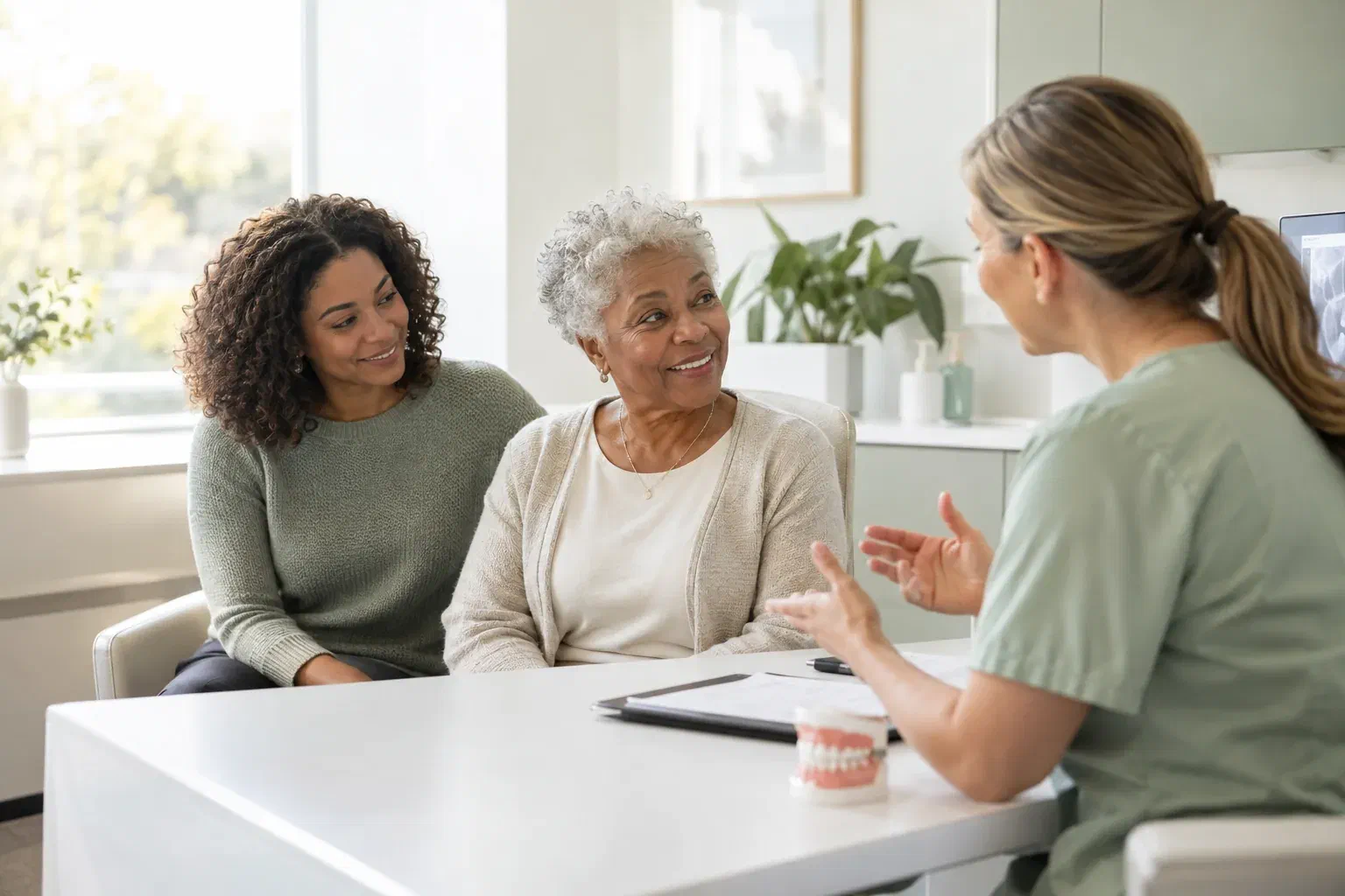 Illustrative dental consultation with an older patient and her chosen support person