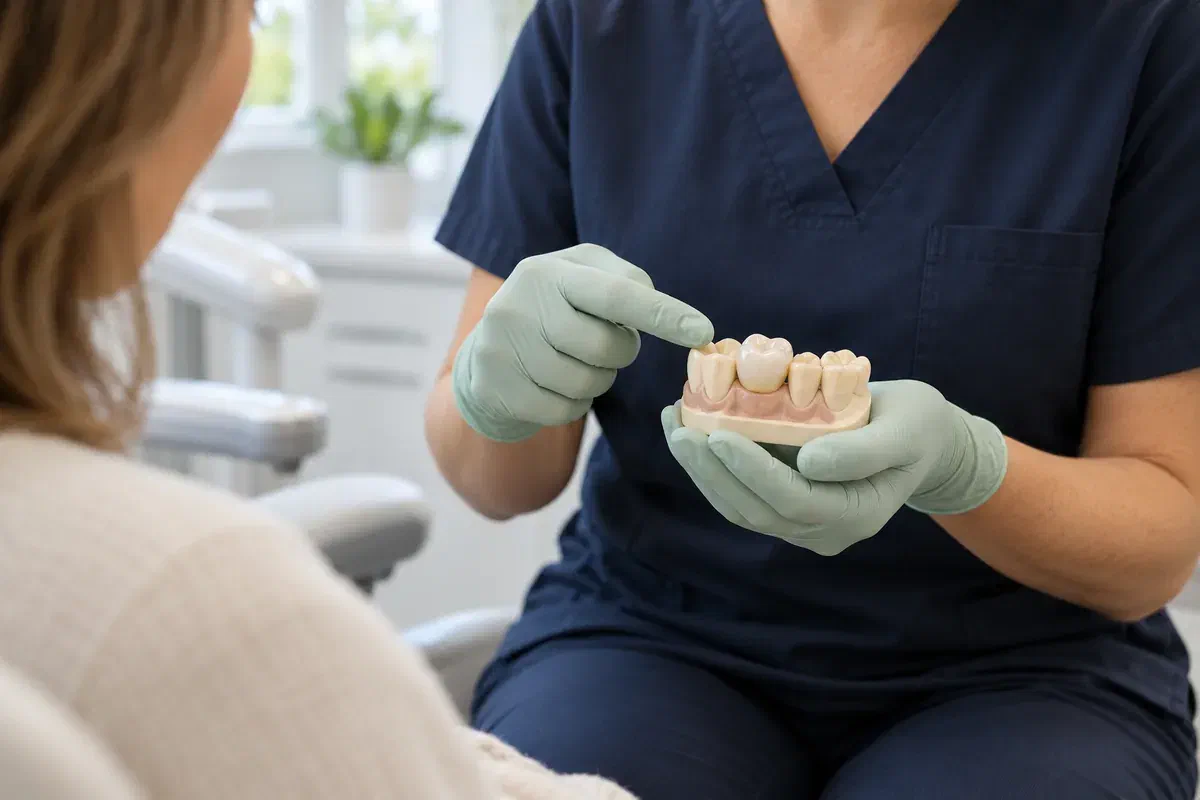A dental professional uses a tooth model to explain restorative care to a patient