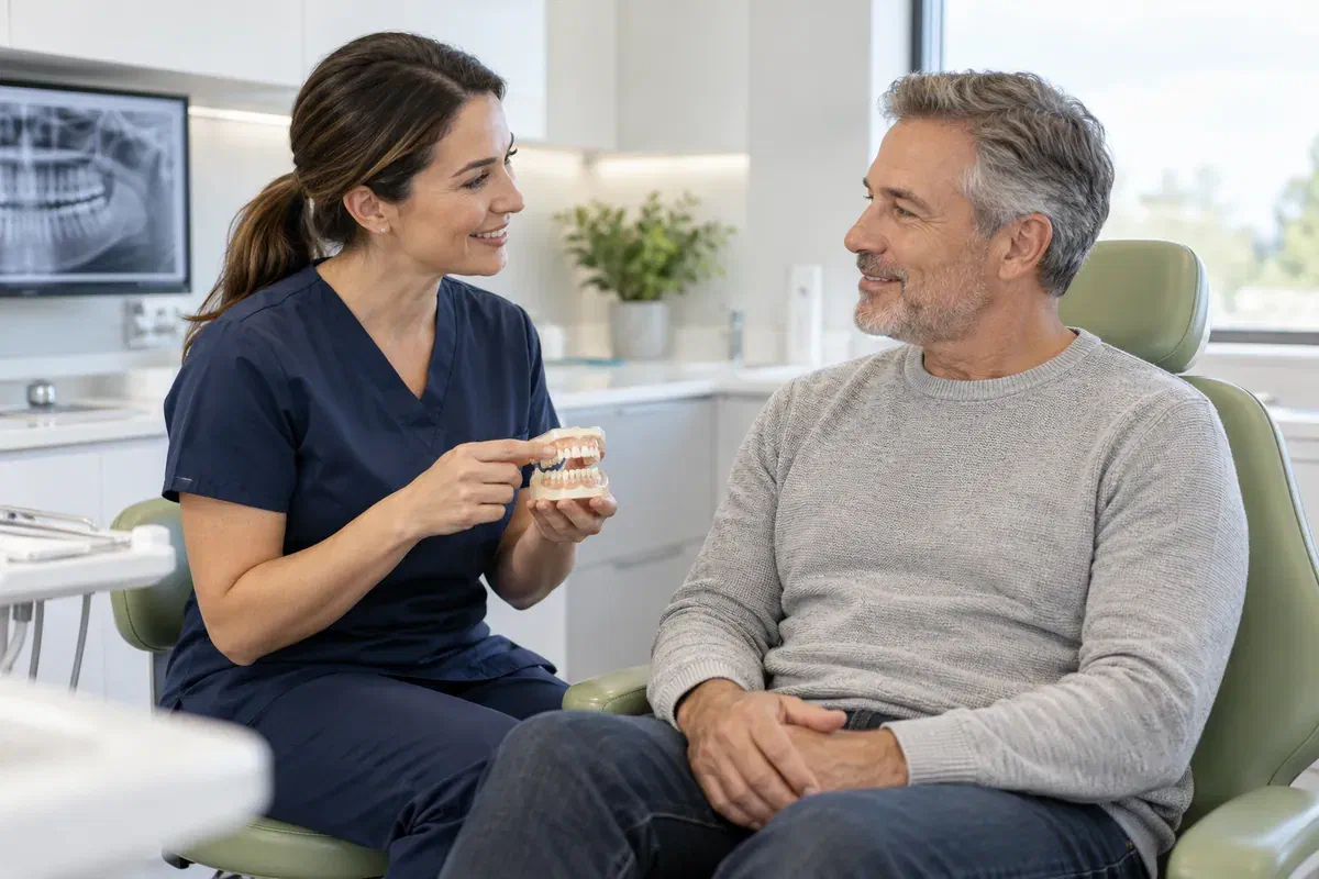 A dental professional explains a tooth model to an adult patient during a consultation
