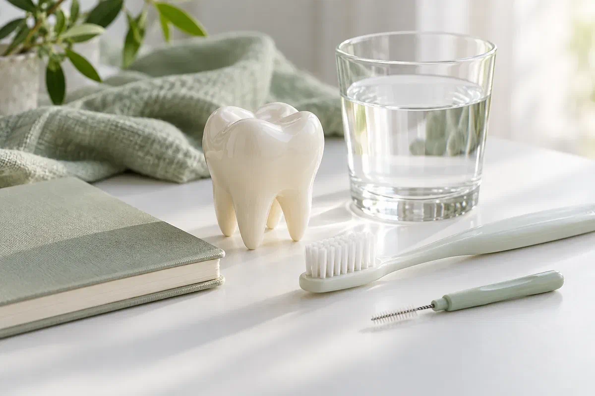 Dental model, cleaning aids, water, and a notebook illustrating prevention planning