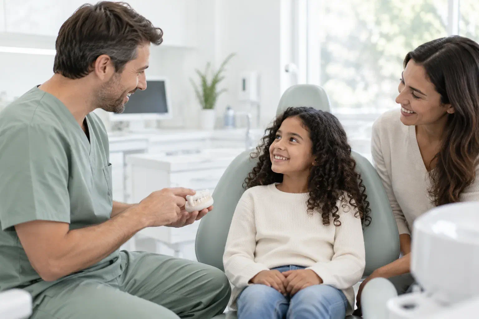 Illustrative child and parent listening to a dental clinician before a checkup