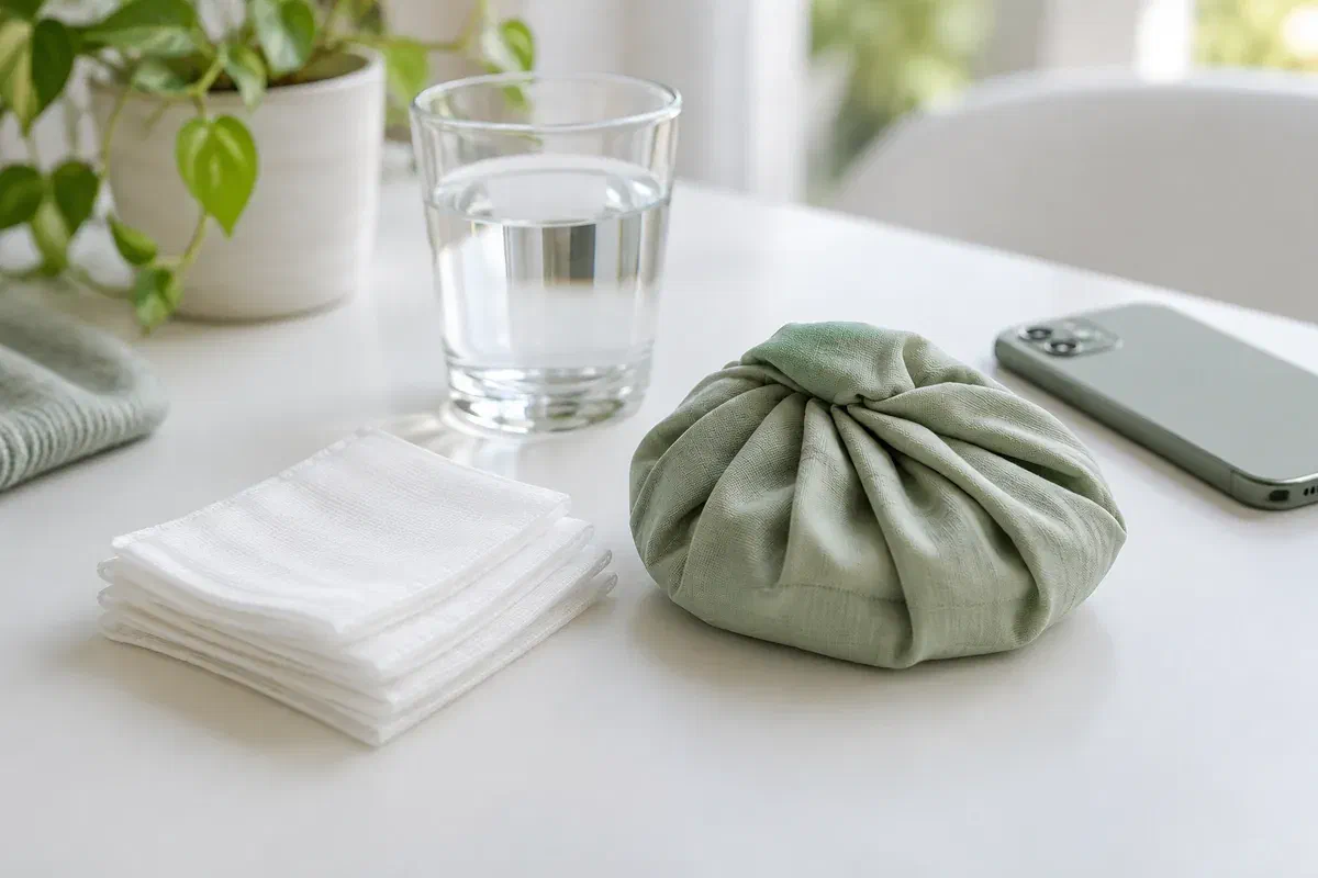 Illustrative gauze, wrapped cold compress, and phone for arranging urgent advice