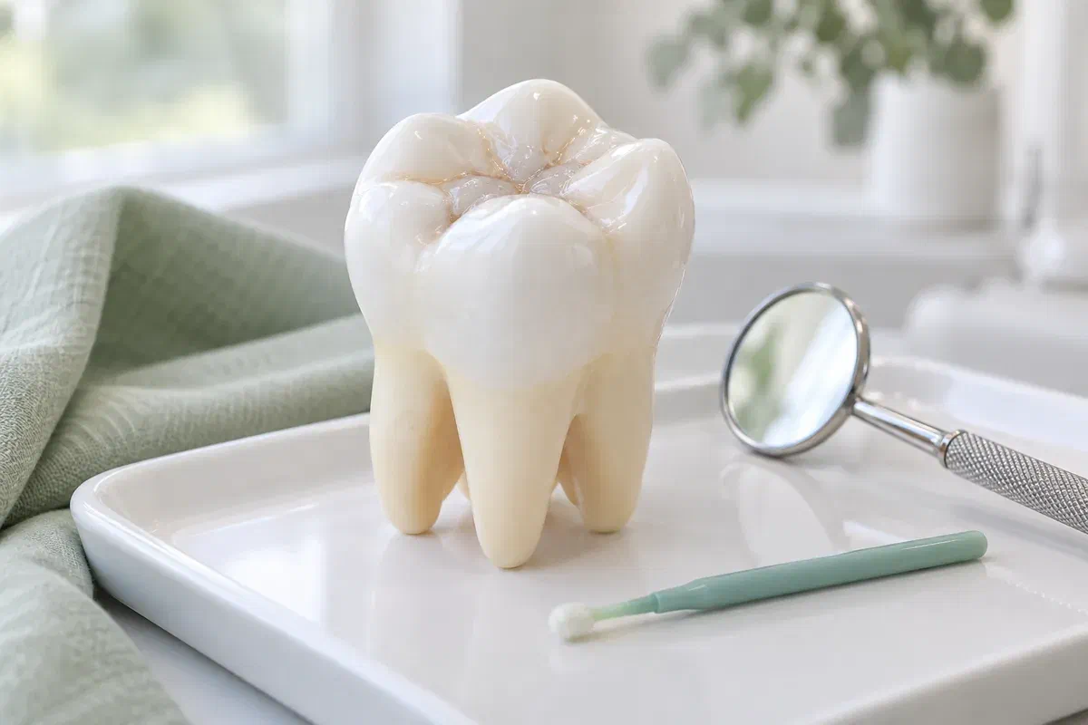 Illustrative molar teaching model, dental mirror, and sealant applicator