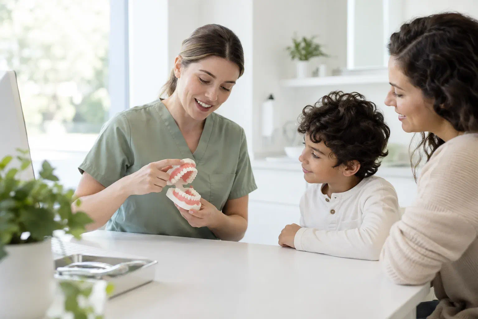 Illustrative child and parent learning about molar chewing surfaces