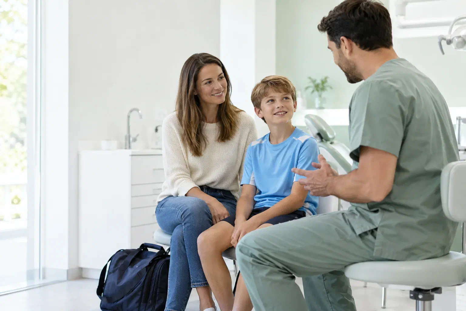 Illustrative child and parent discussing a sports-related dental concern