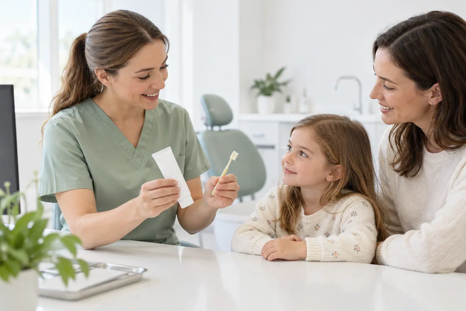 Illustrative parent and child discussing toothpaste with a dental clinician