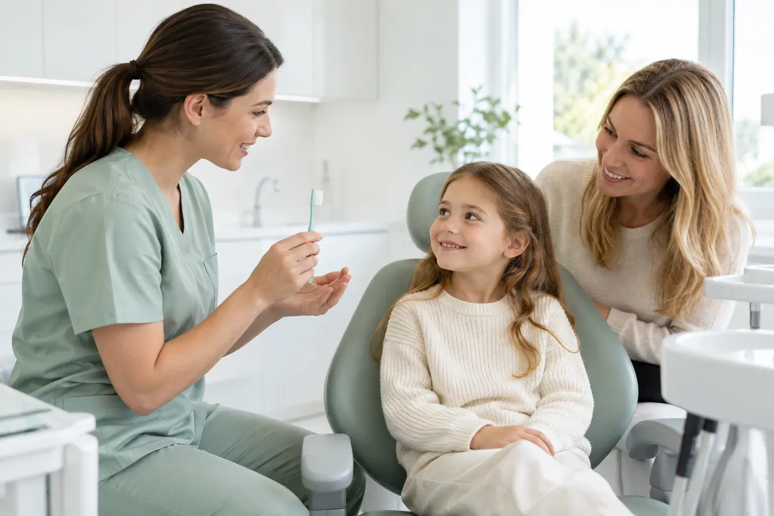 Illustrative child learning about a toothbrush before a cleaning appointment