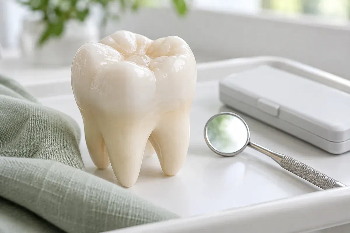 Illustrative opaque molar teaching model with a tooth-coloured repair