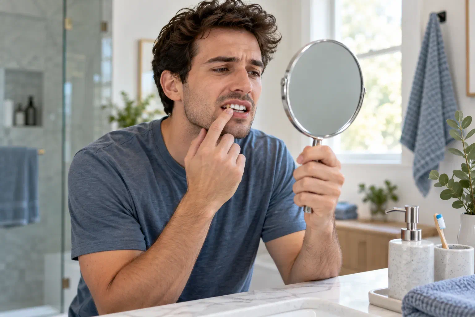 A man looking at his teeth in a handheld mirror at home
