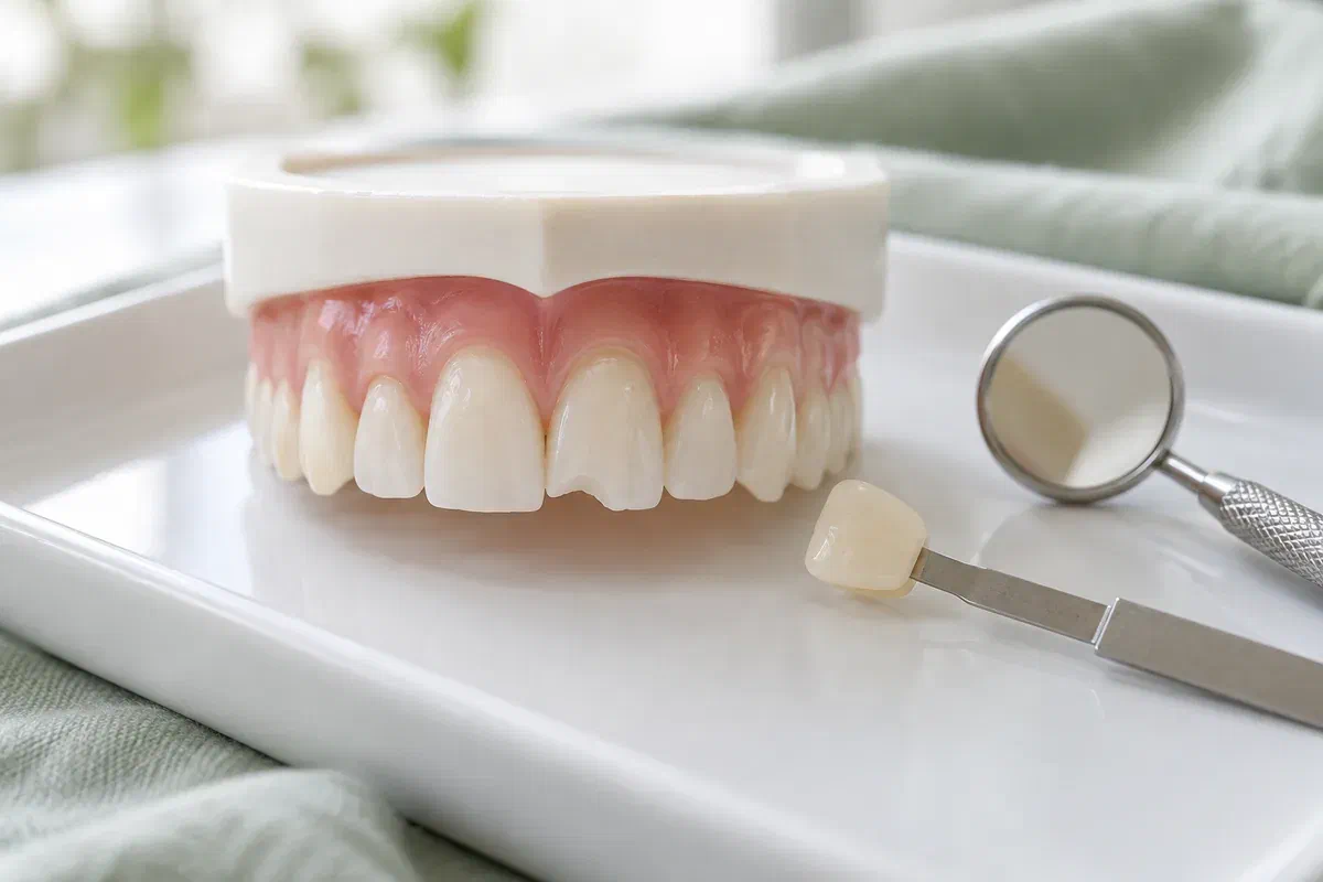 Illustrative front tooth model with a chipped corner beside a shade sample and dental mirror