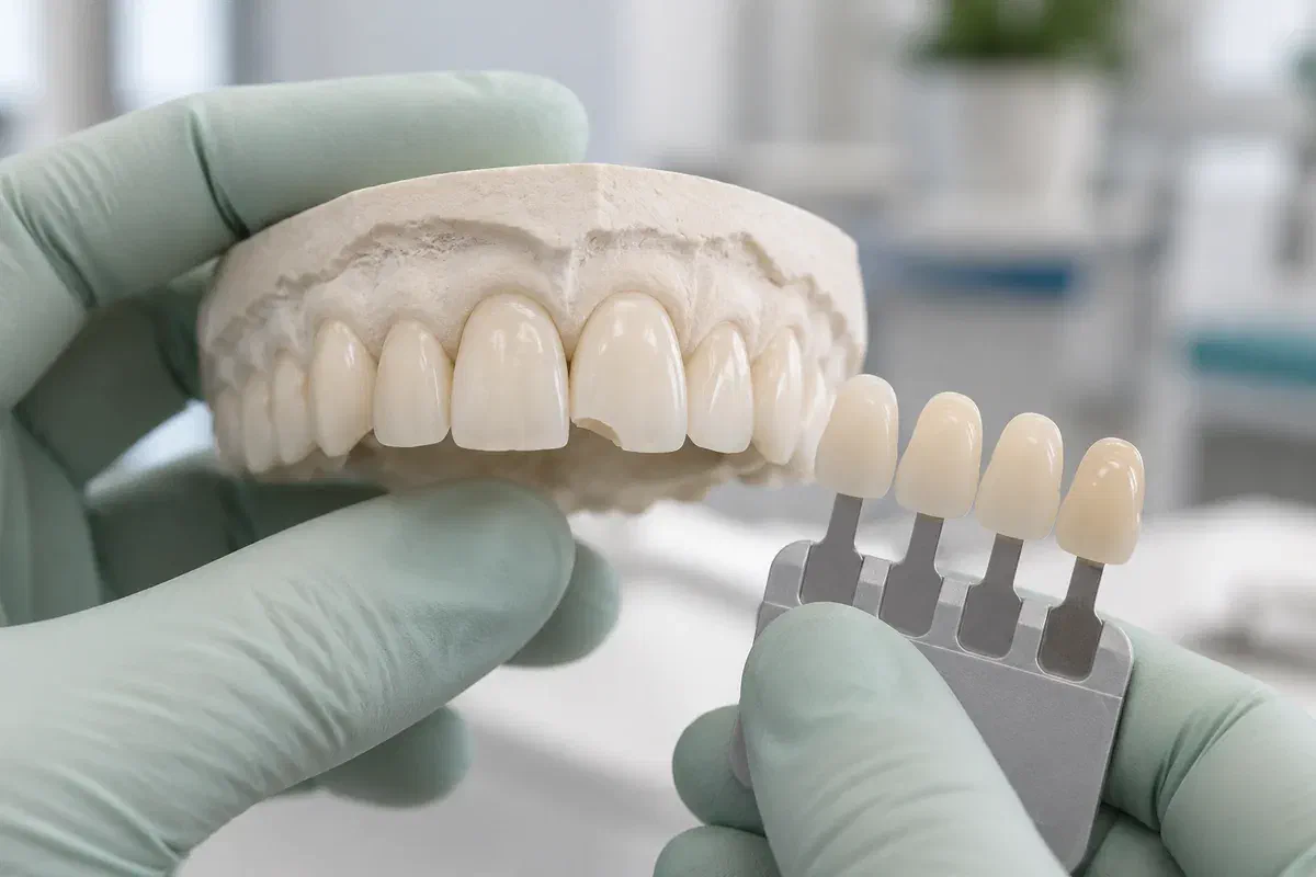 A front-tooth study model with a small chipped corner beside a shade guide