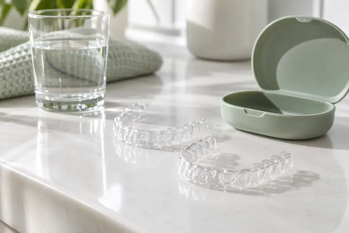 Illustrative transparent aligner trays beside a protective case and glass of water