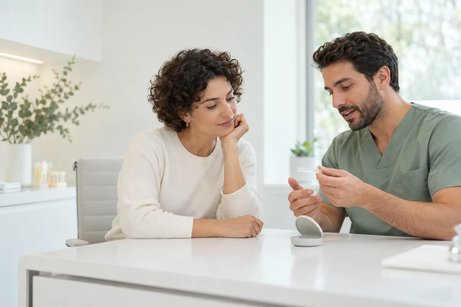 Illustrative adult patient discussing a clear aligner with a dental clinician