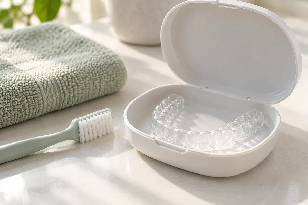 Illustrative clear dental retainer in an open protective case beside a soft cleaning brush