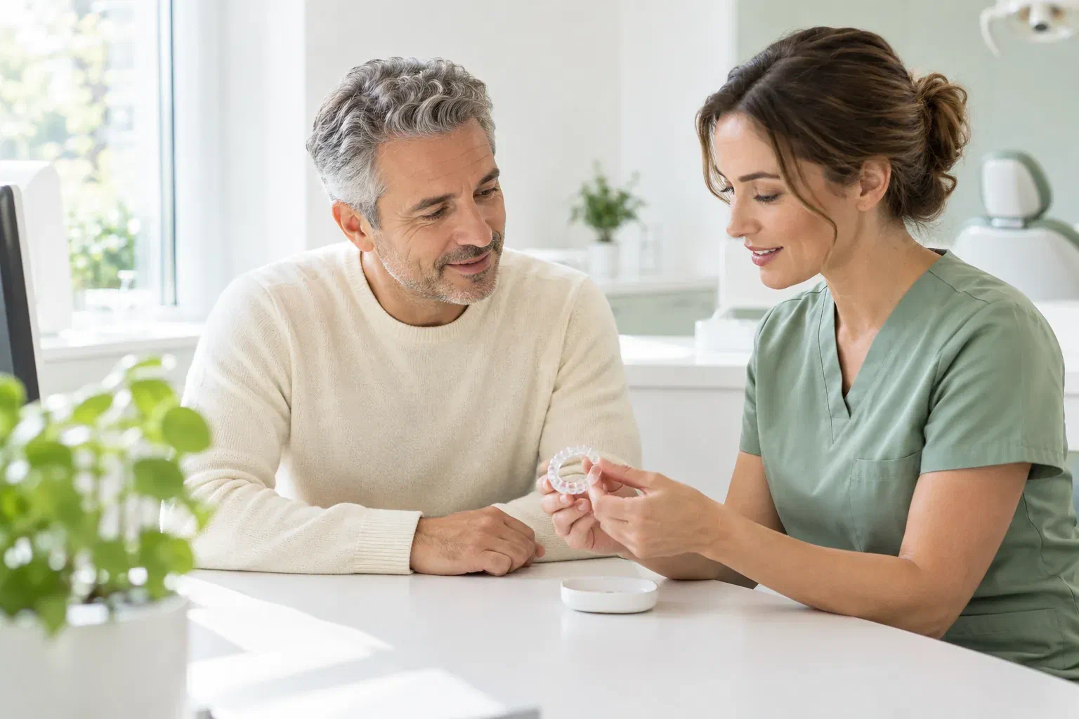 Illustrative adult patient learning about a clear retainer with a dental clinician
