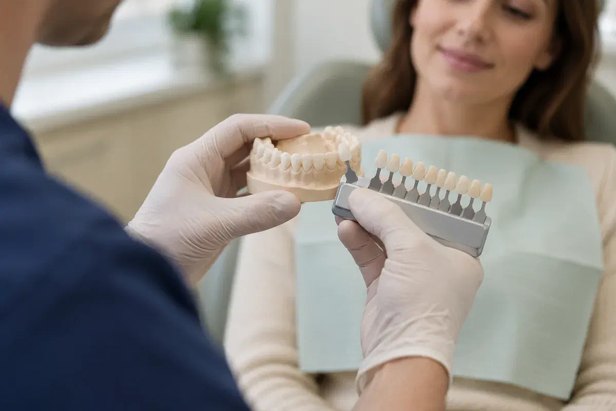 A dental model and shade guide illustrating tooth-colour selection