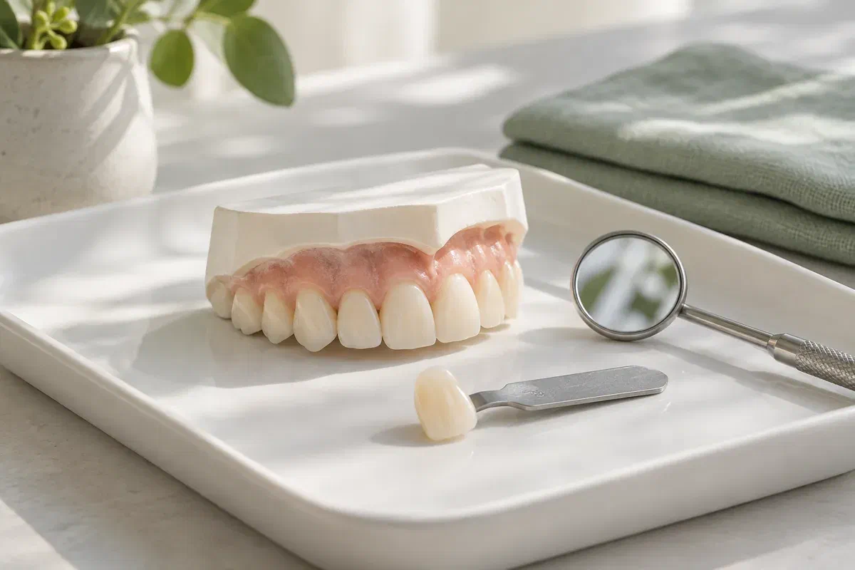 Illustrative front-teeth teaching model beside a shade sample and dental mirror