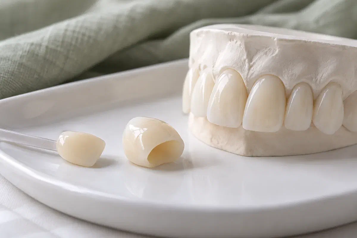 Illustrative tooth-coloured crown beside a front-tooth teaching model and shade sample