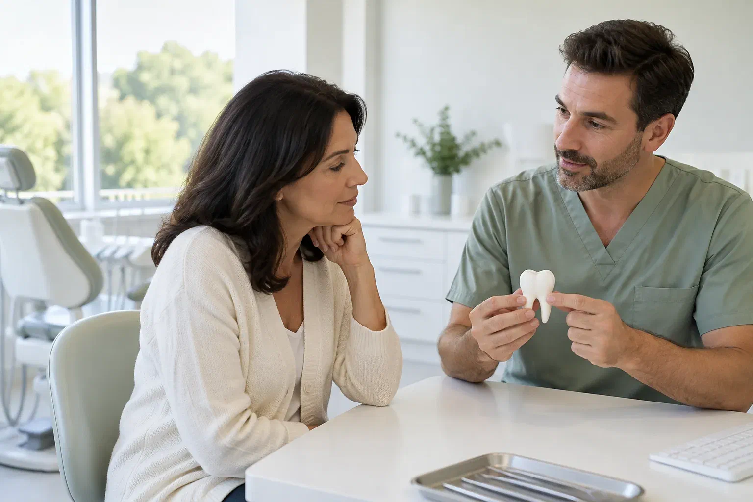 Illustrative patient and dental clinician discussing crown treatment with a tooth model
