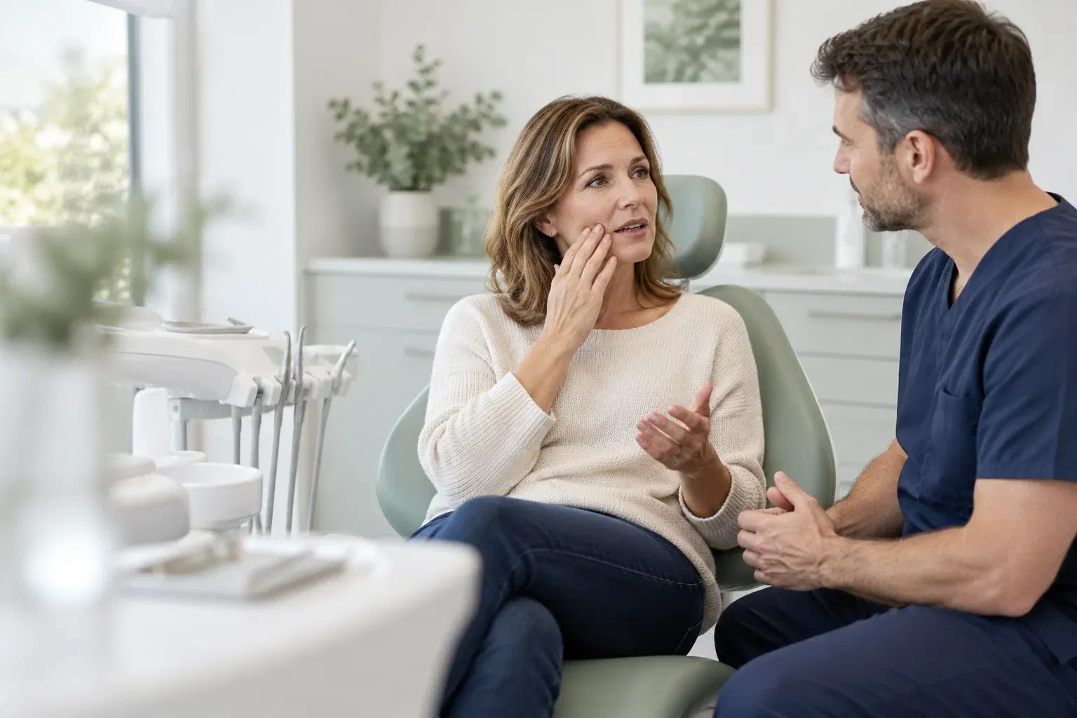 Illustrative dentist and patient consultation about a suspected cracked tooth