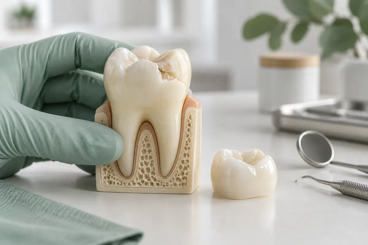 Illustrative tooth model and crown showing a restorative treatment concept
