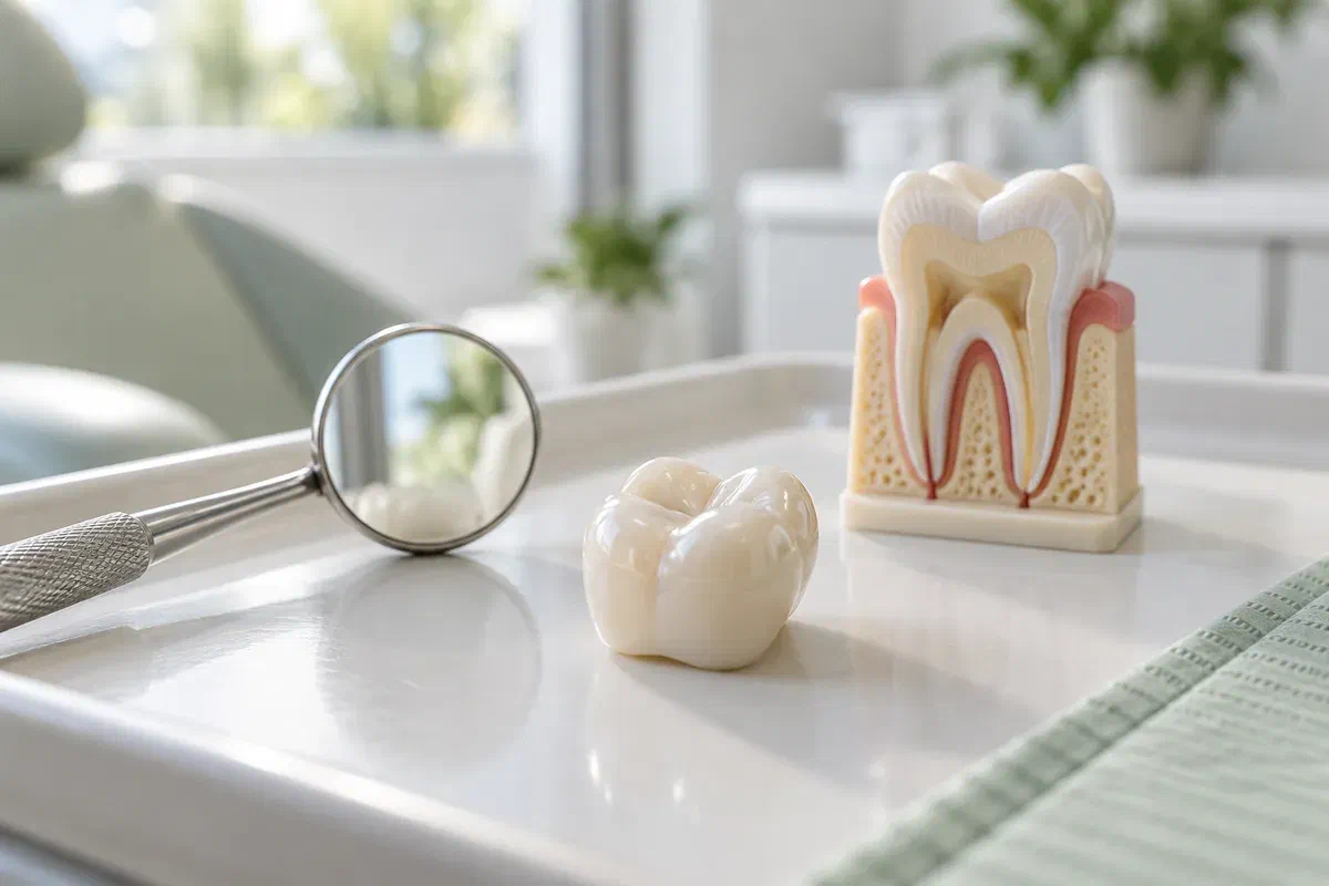 Ceramic dental crown beside a tooth teaching model and dental mirror