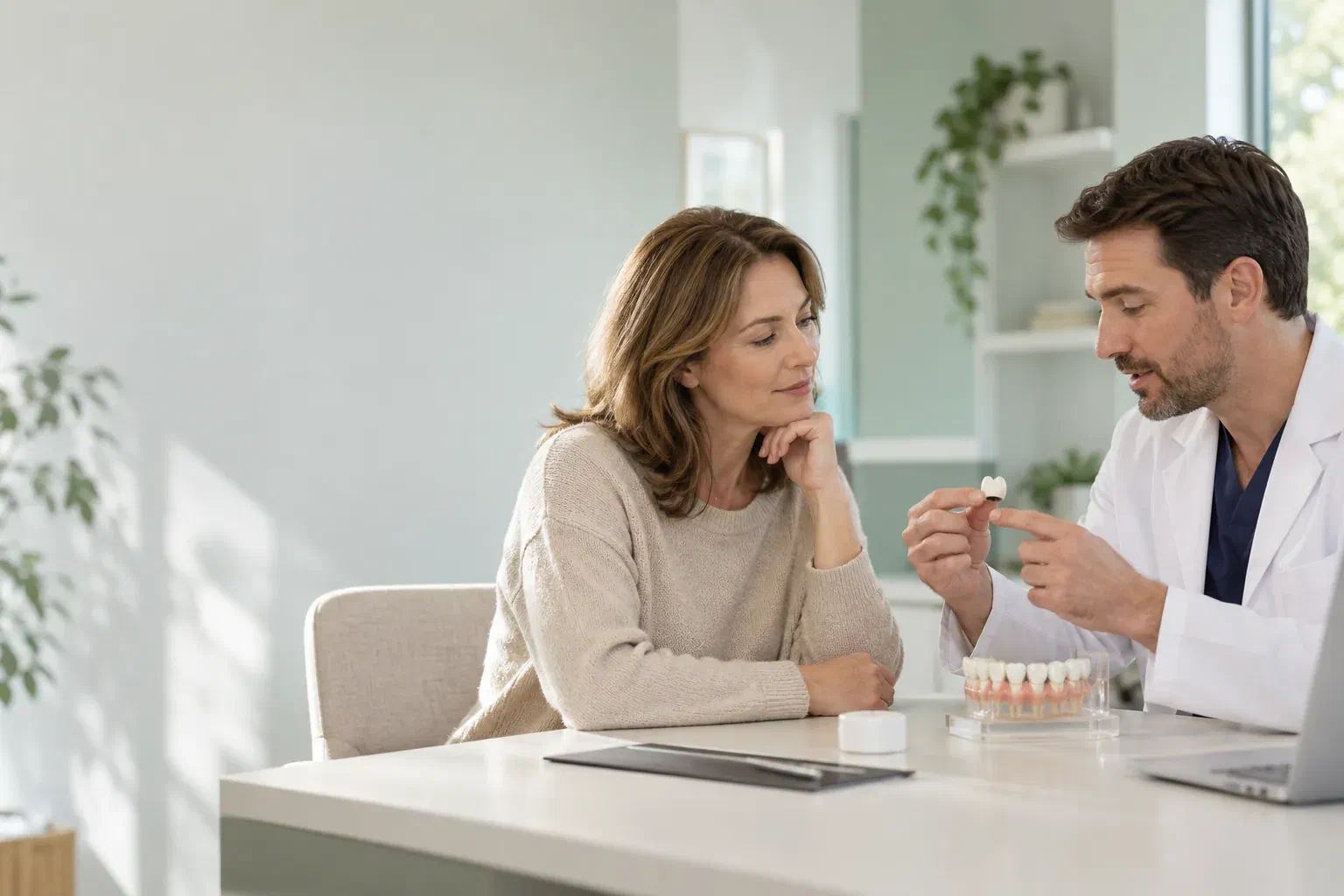 Illustrative consultation about a dental crown that has become detached