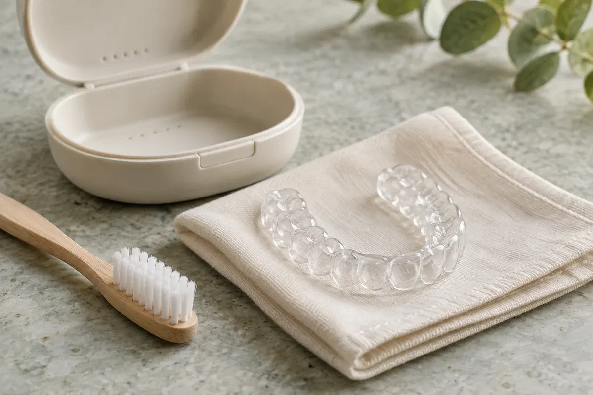 Illustrative clear upper nightguard beside a cream case and soft cleaning brush