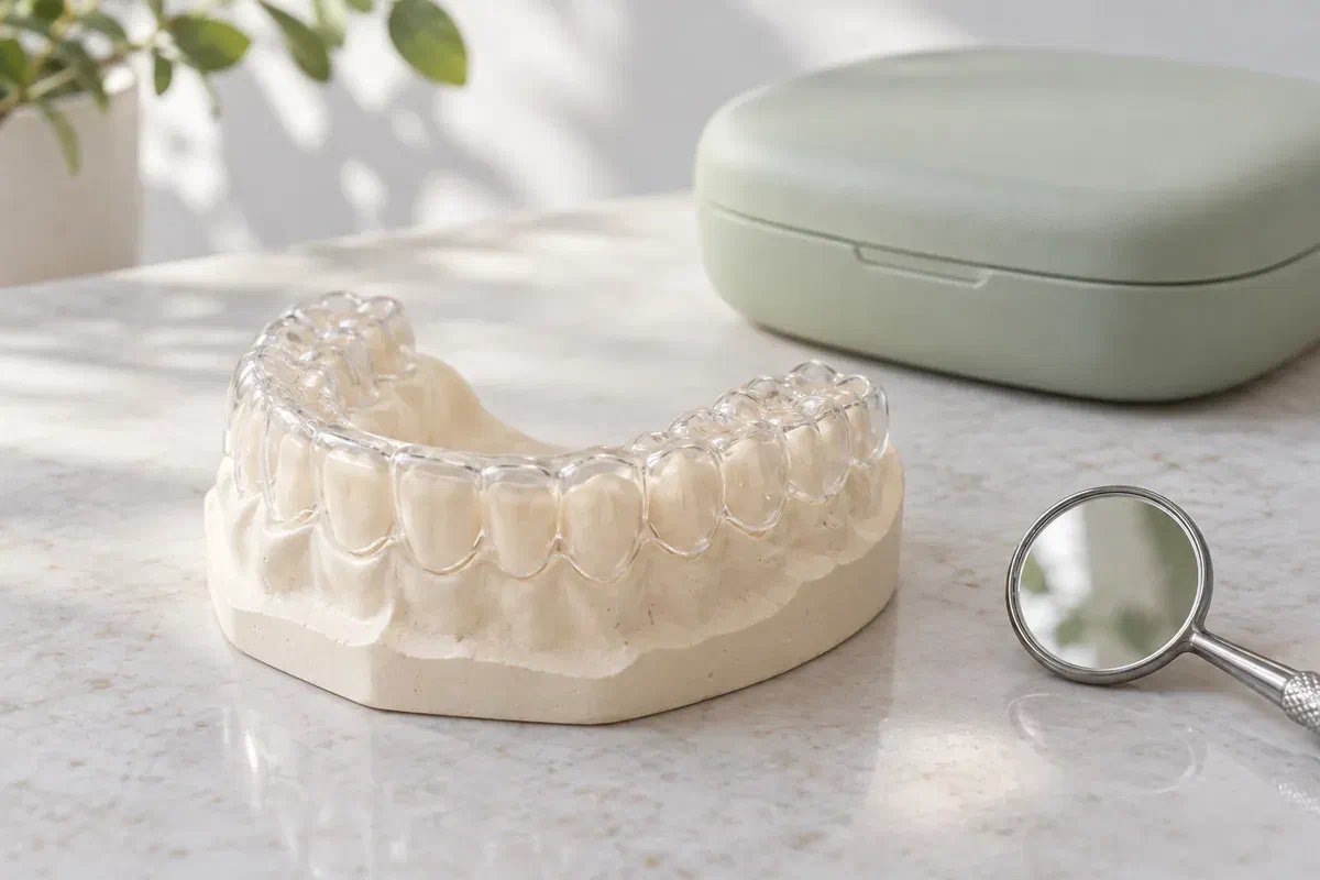 Illustrative transparent occlusal splint seated on a supported dental cast beside a mirror