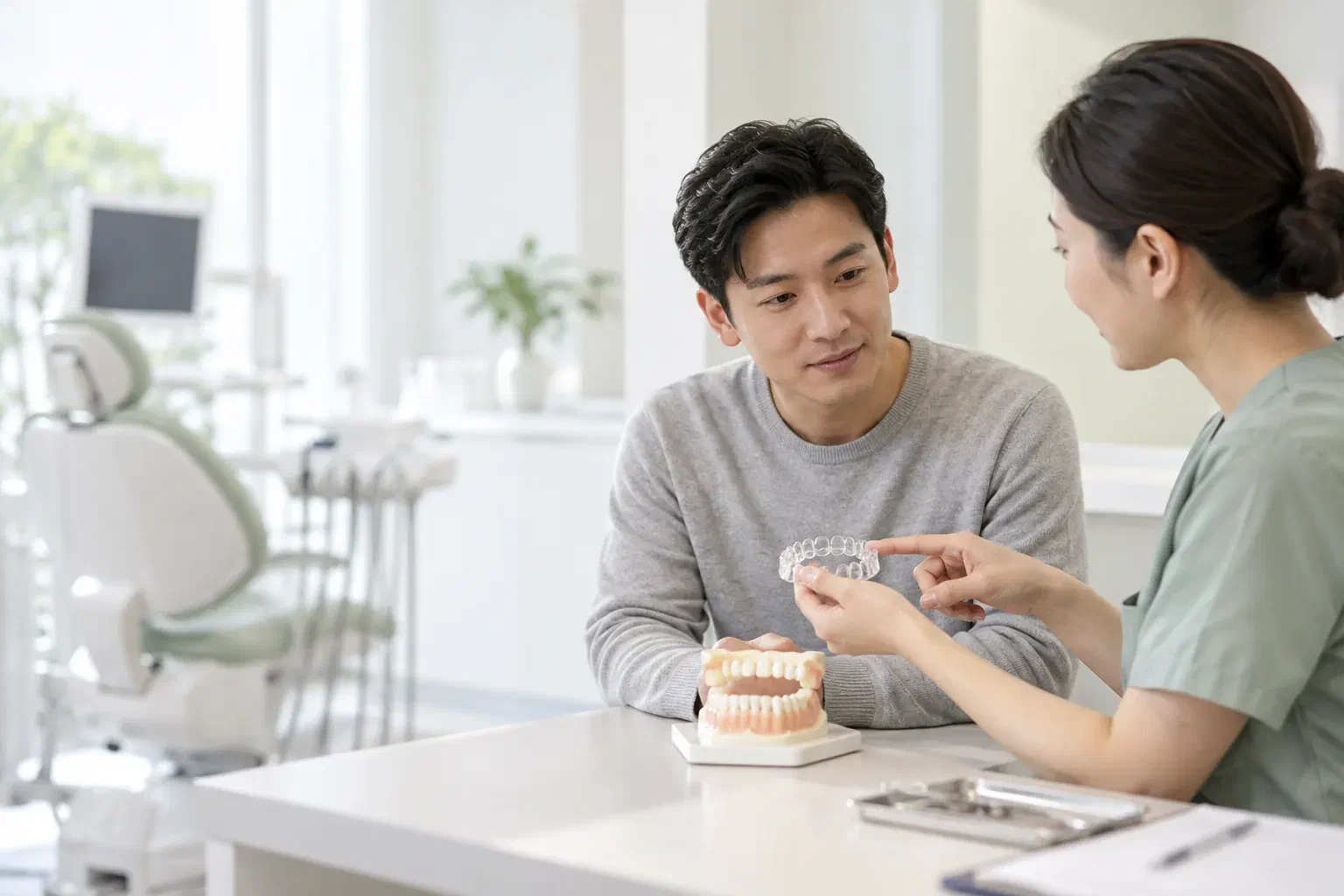 Illustrative patient and clinician discussing a fitted splint on a dental model