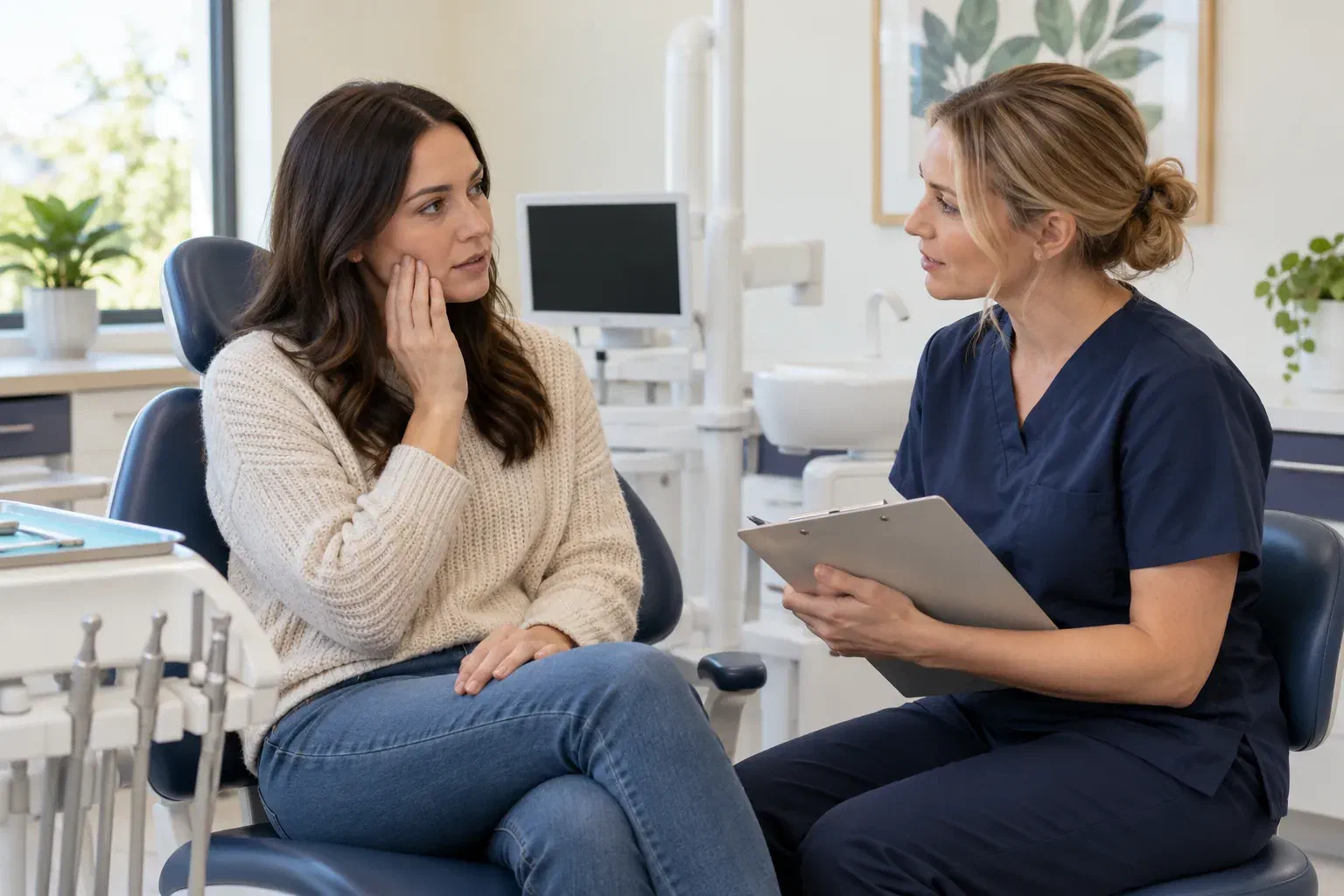 A patient describing dental discomfort to a dental professional during an assessment