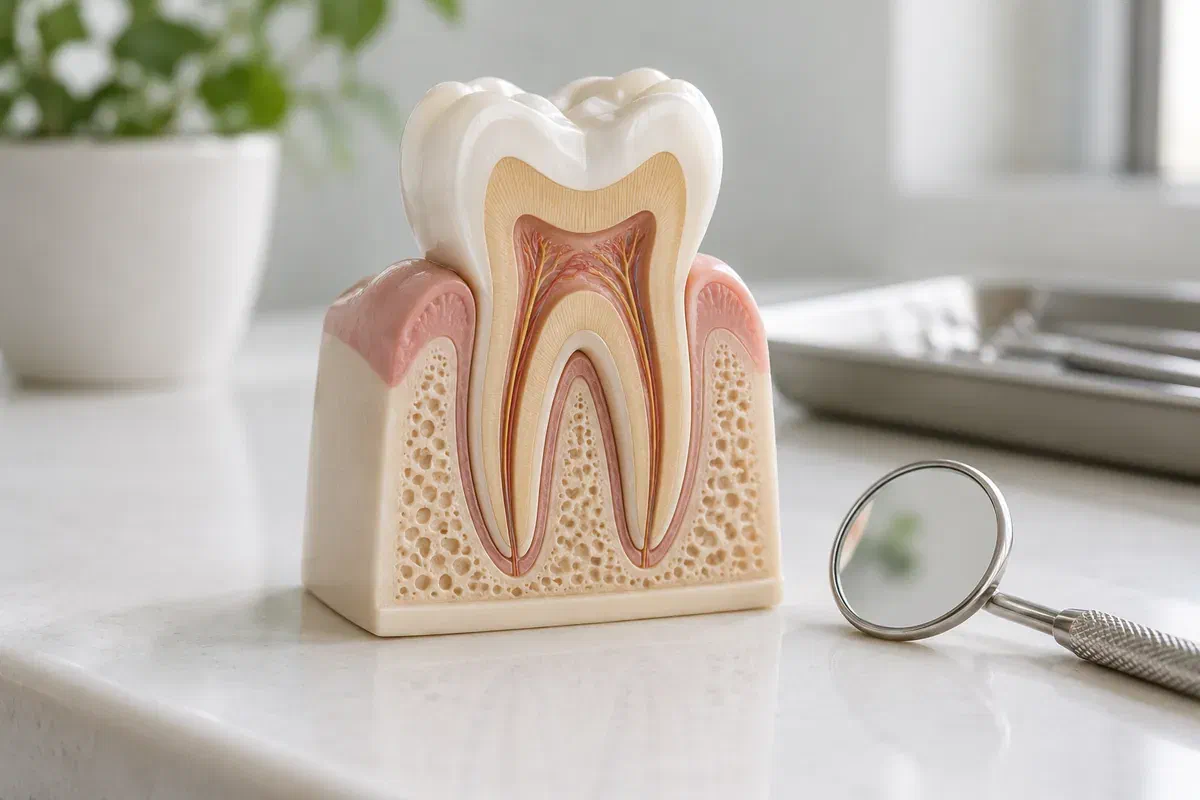 Illustrative physical model showing the inside of a tooth beside a dental mirror