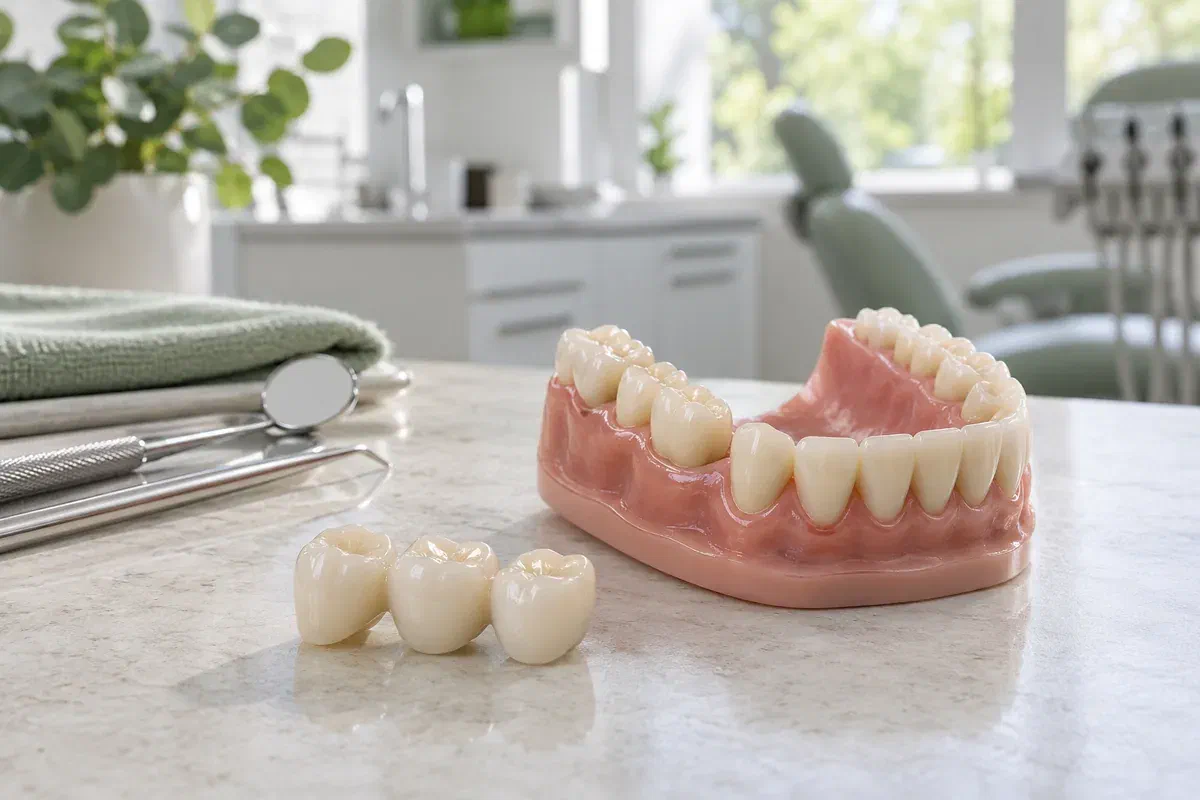 Ceramic three-unit bridge beside a dental teaching model
