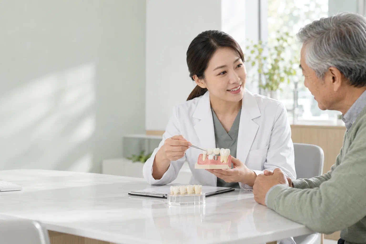 Illustrative consultation about replacing an existing dental bridge