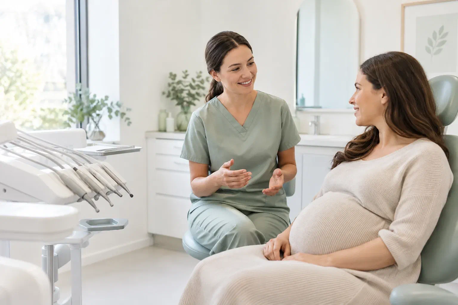Illustrative dental consultation with a pregnant patient in a bright treatment room