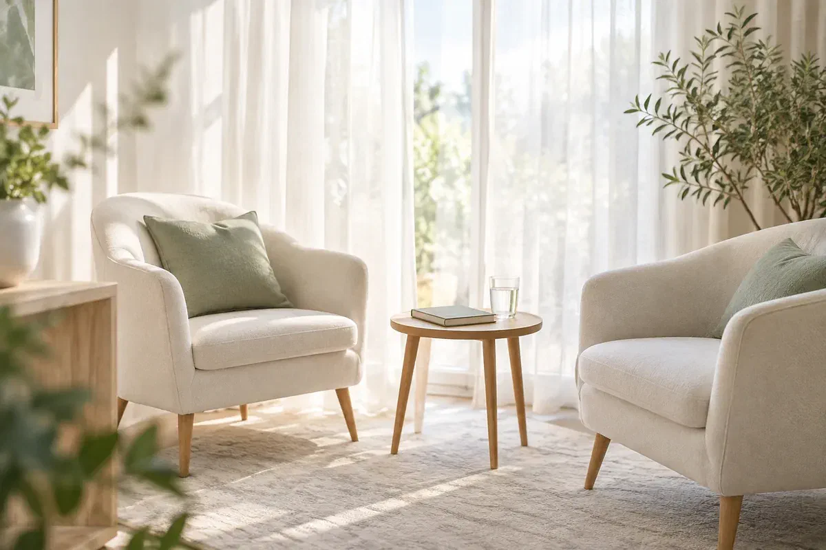 Illustrative quiet consultation space with two chairs and a small table