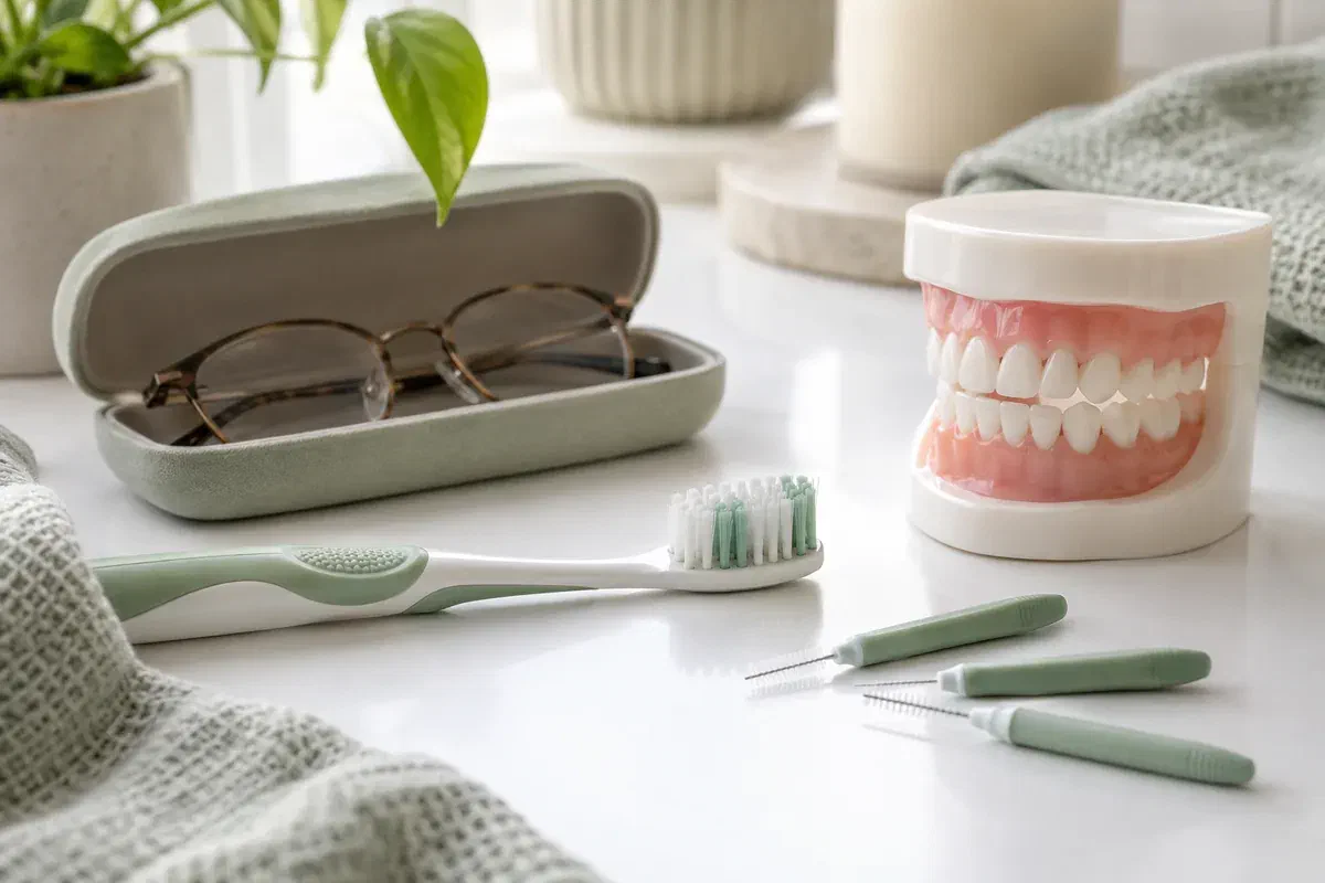 Easy-grip toothbrush, interdental brushes, dental model, and reading glasses